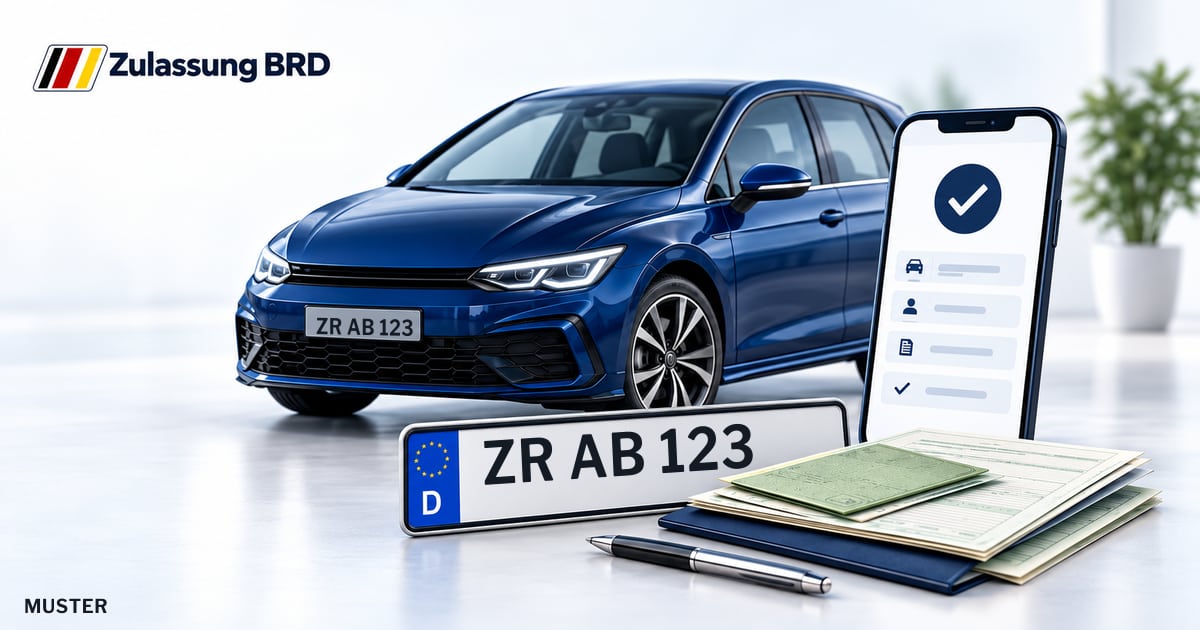 Online Fahrzeugzulassung in Zeulenroda-Triebes: Musterkennzeichen ZR AB 123, Auto und Fahrzeugpapiere und Smartphone. Illustration mit Logo von Zulassung BRD.